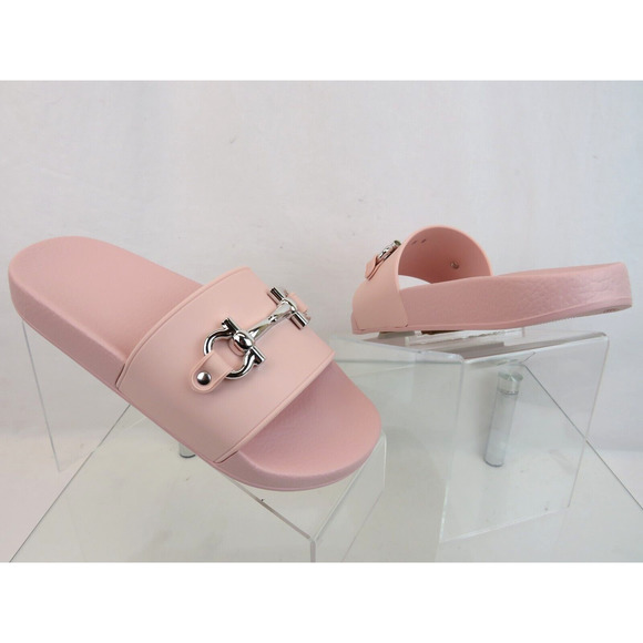 NIB FERRAGAMO GROOVY 11 PINK RUBBER SILVER GANCINI BIT LOGO SANDALS SLIDES 8 M - Picture 9 of 13